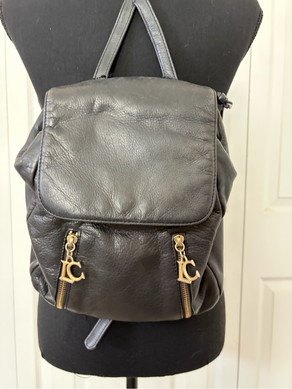 Black Leather Backpack with Gold JC Charms